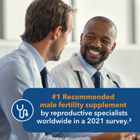 Two doctors in a medical setting with a text overlay about a male fertility supplement recommendation.